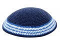 Blue Knitted Kippah with Blue, Light Blue and White Border Design