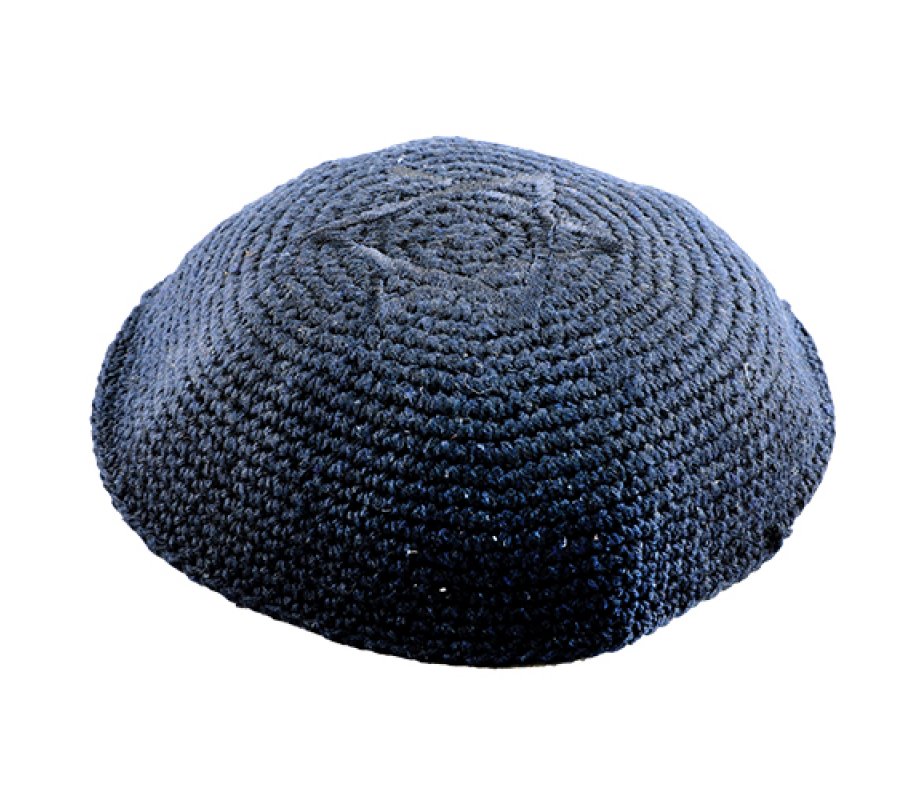 Blue Knitted Kippah with Blue Star of David Design on Crown