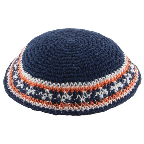Blue Knitted Kippah with Blue and Orange Border