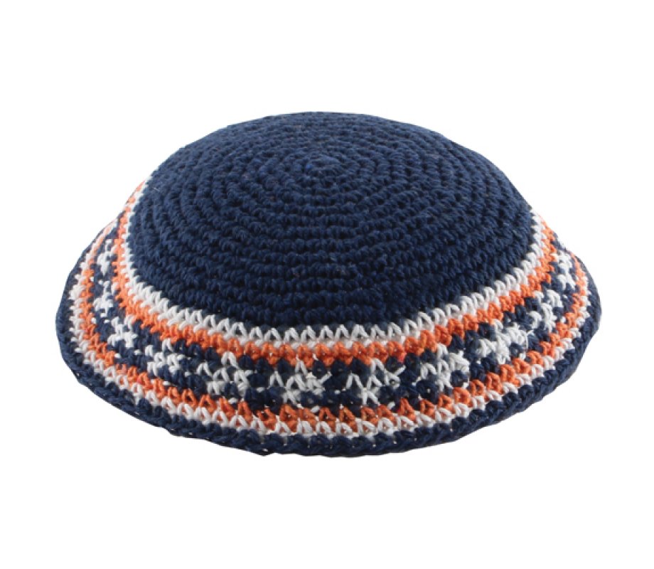 Blue Knitted Kippah with Blue and Orange Border