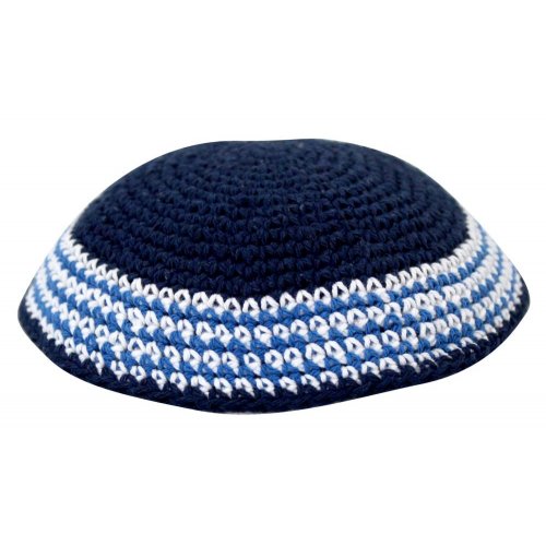 Blue Knitted Kippah with Blue and White Border
