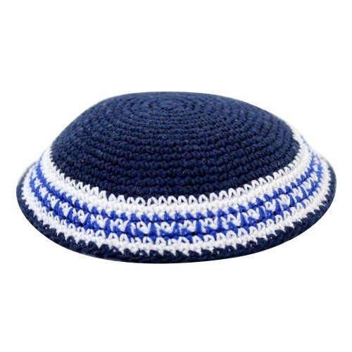 Blue Knitted Kippah with Blue and White Stripes