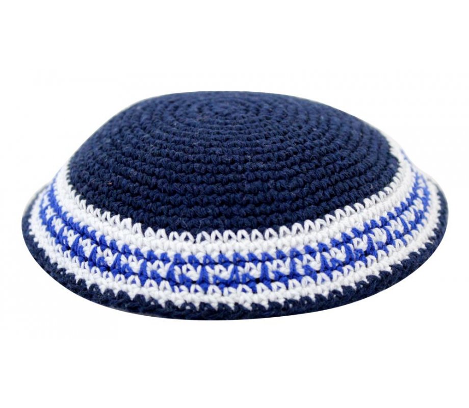 Blue Knitted Kippah with Blue and White Stripes