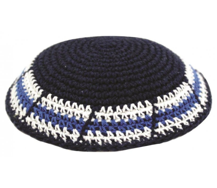 Blue Knitted Kippah with Blue-White Border Design