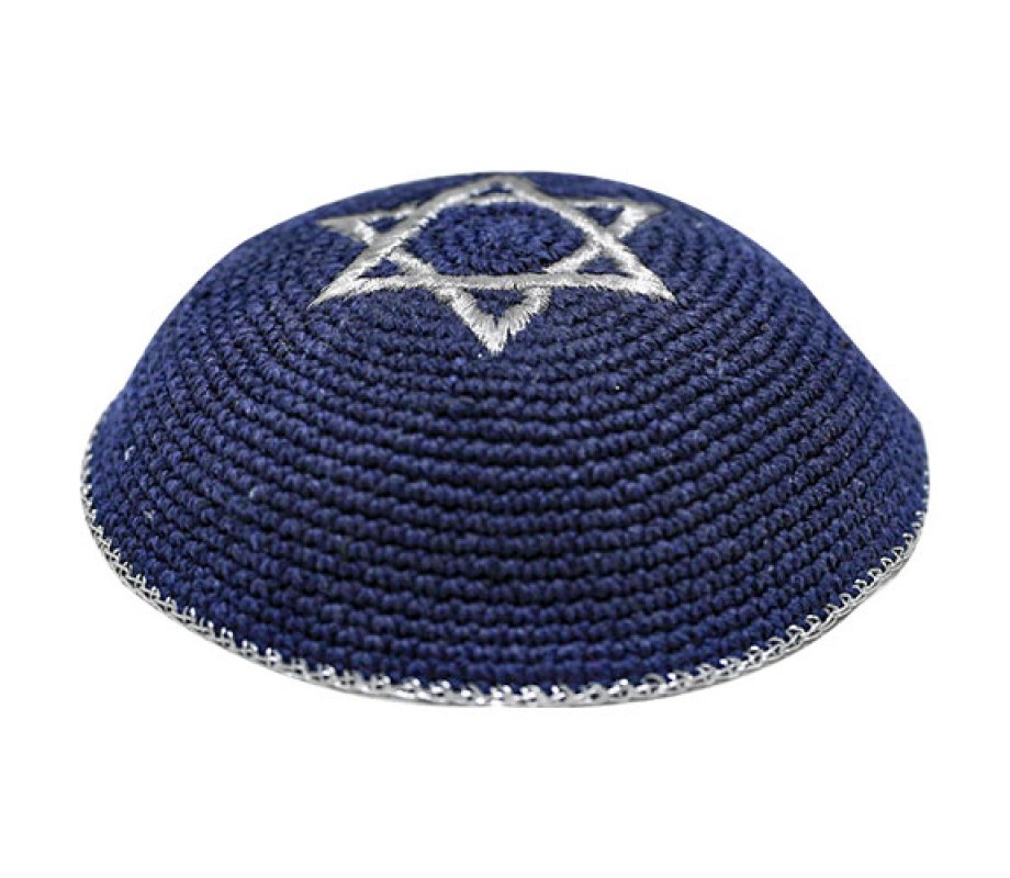 Blue Knitted Kippah with Silver Star of David