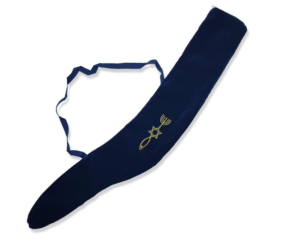 Blue Velvet Yemenite Shofar Bag with Embroidery of Symbols - For 36 to 46 Inches