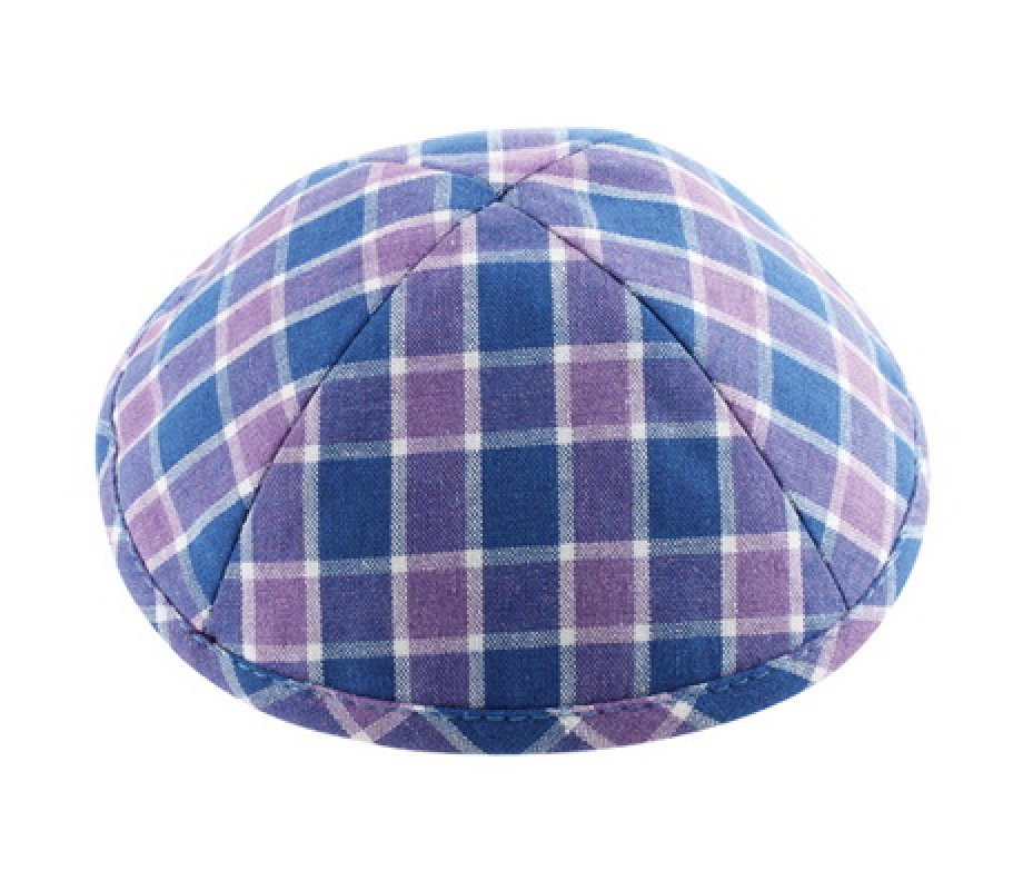 Blue and Lilac Cotton Fabric Kippah – Checkered Design