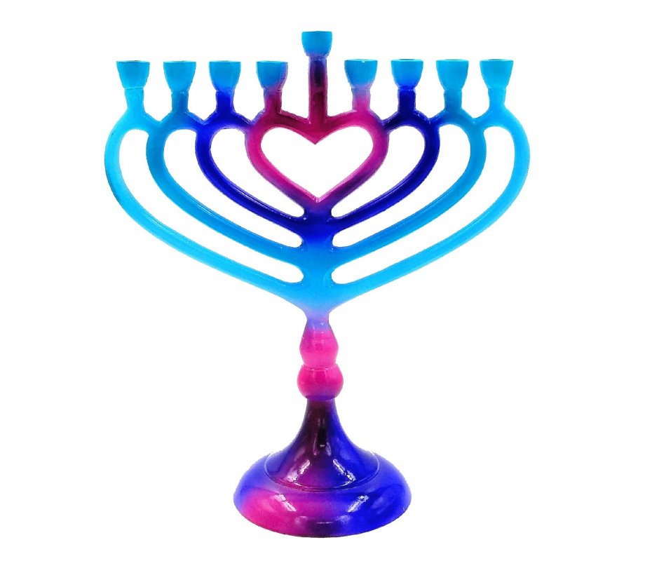 Blue and Pink Chanukah Menorah on Stem with Heart Outline - For Candles
