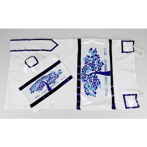 Blue-White Tree of Life Tallit Set - Galilee Silk - 2 in stock at a great price