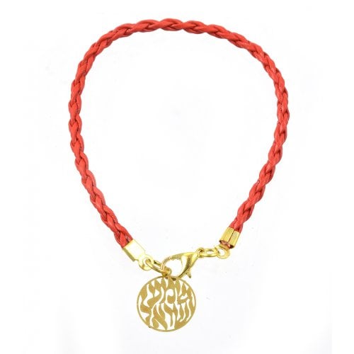 Braided Red Cord Kabbalah Bracelet, Shema Yisrael Charm - Gold