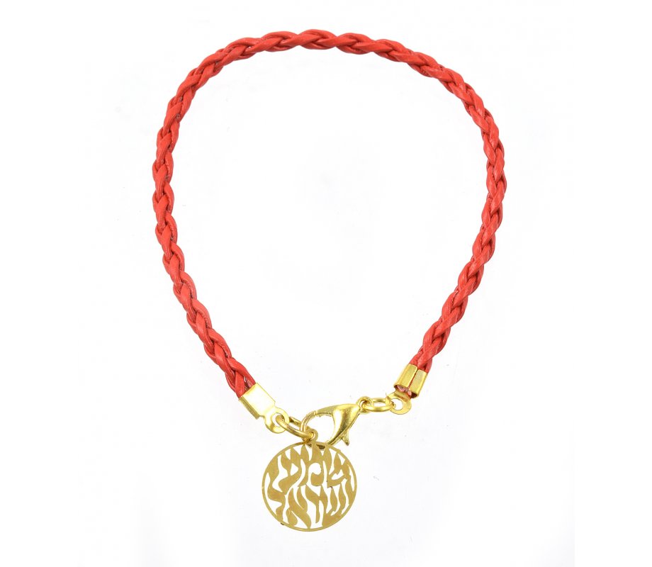 Braided Red Cord Kabbalah Bracelet, Shema Yisrael Charm - Gold