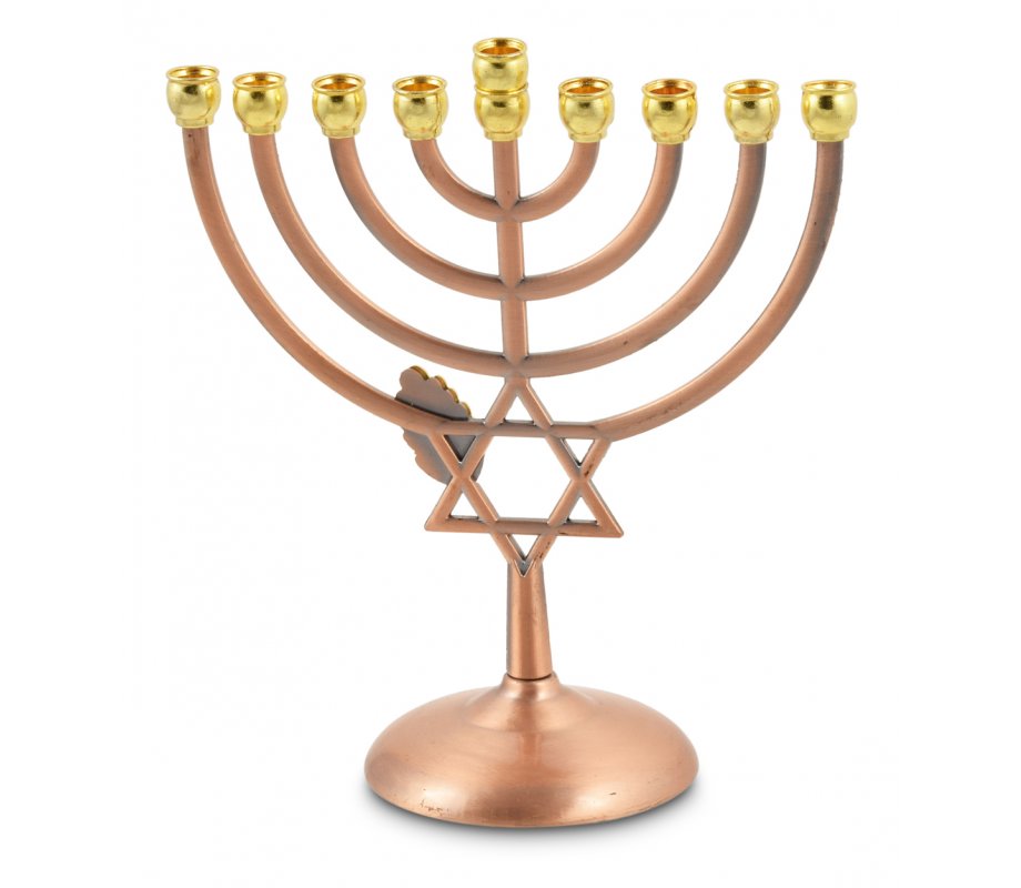Bronze Color Chanukah Menorah with Star of David and Leaf Design - 7 Inches