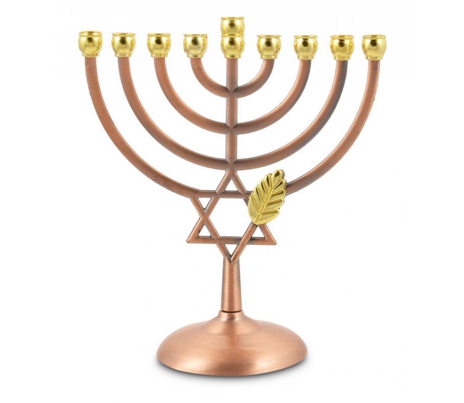 Bronze Color Chanukah Menorah with Star of David and Leaf Design - 7 Inches