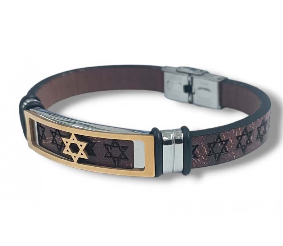 Brown Leather Bracelet, Stars of David - Center Plaque with Gold Star of David