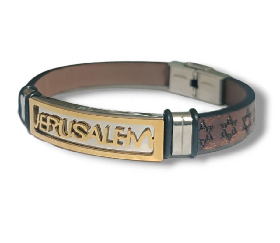 Brown Leather Bracelet, Stars of David - Center Plaque with Jerusalem in Gold