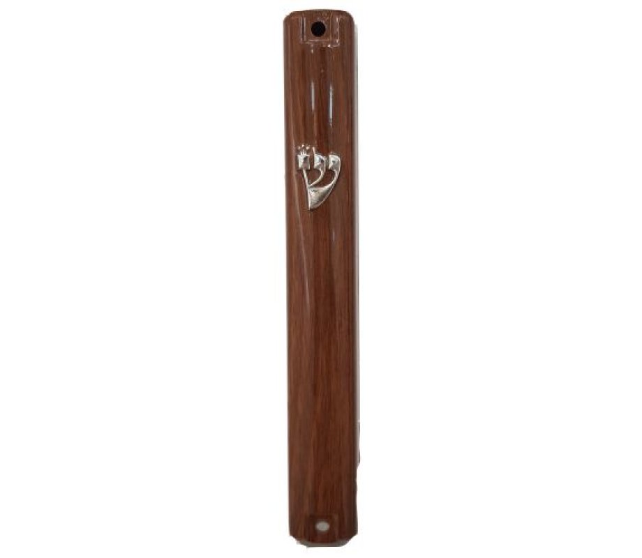 Brown Wood Look Plastic Mezuzah Case with Silver Shin
