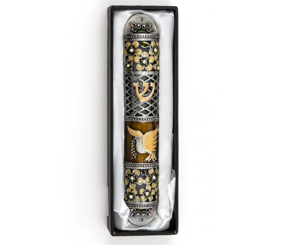 Brown and Gold Enamel Rounded Mezuzah Case - Dove of Peace