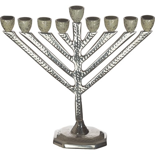 Chabad Chanukah Menorah, Silver and Gray Hammered Aluminum - 11.6