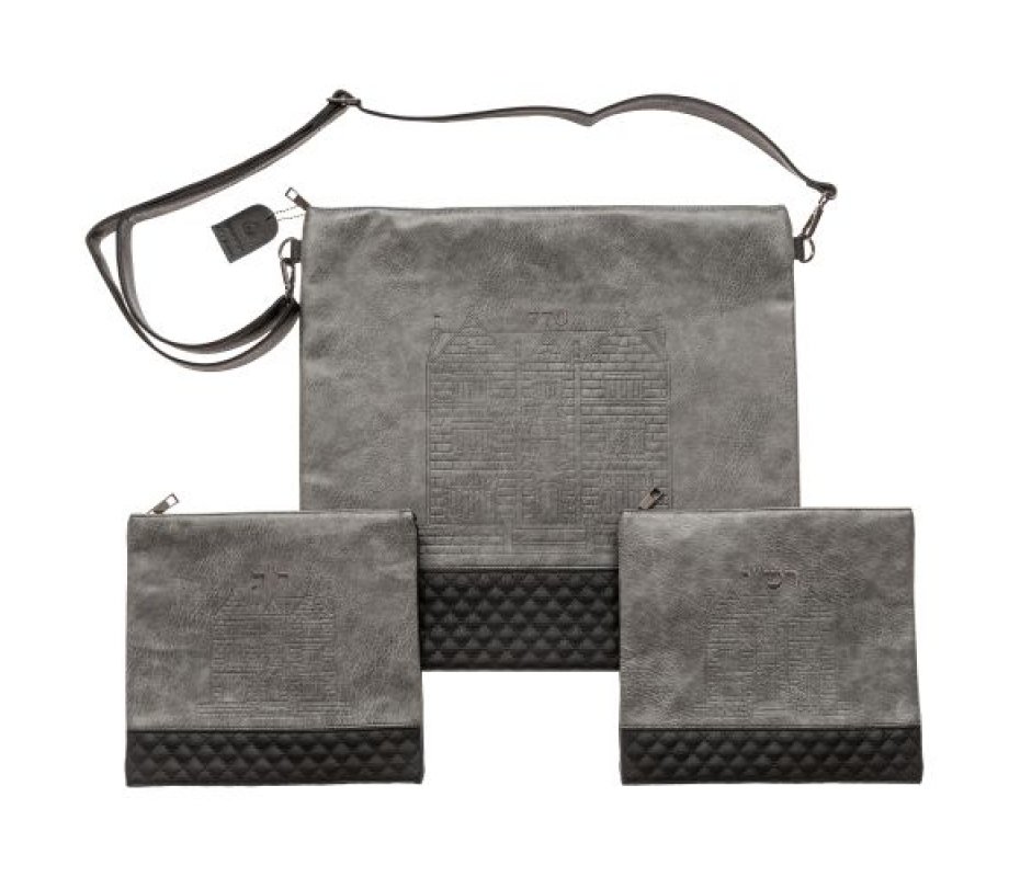 Chabad Faux Leather Bags for Tallit and 2 Tefillin, Embossed 770 – Two Tone Gray