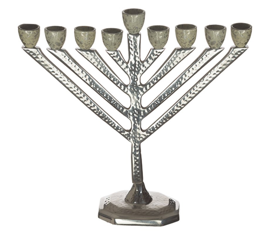 Chabad Lubavitch Chanukah Menorah, Silver and Gray Hammered Aluminum - 11.6