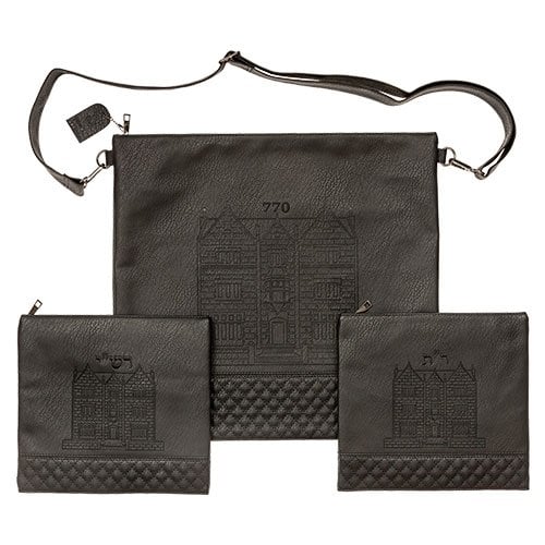 Chabad Lubavitch Tallit & Two Tefillin Bags, Shoulder Strap - Black Faux Leather