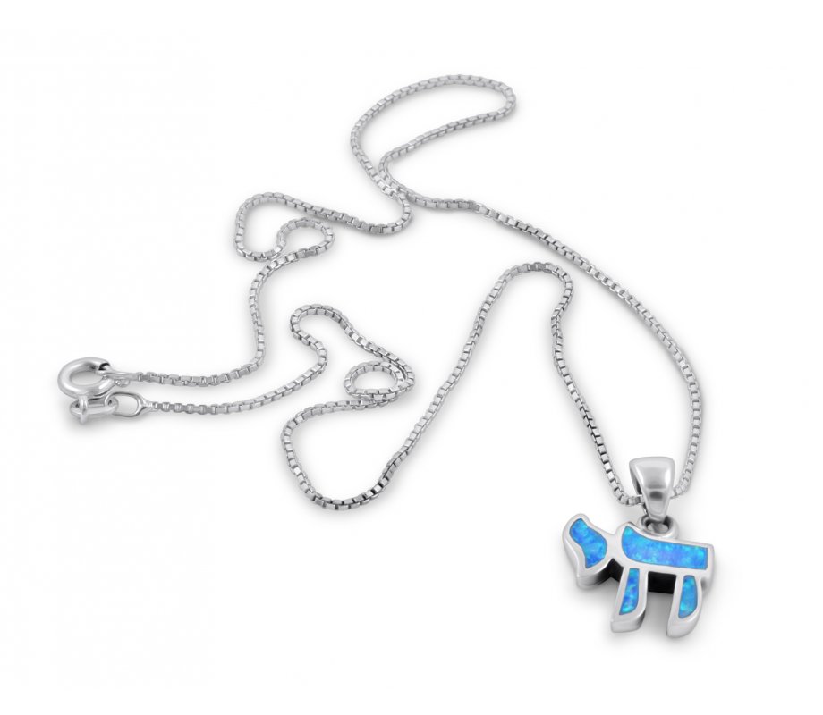 Chai Necklace Hebrew Letter Opal Stone Sterling Silver Necklace Pendant