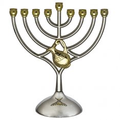 Chanukah Menorah Classic Curved Design, Silver & Gold Design with Oil Jug