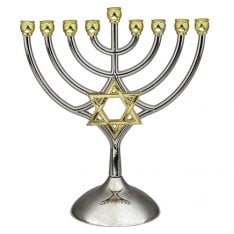 Chanukah Menorah Classic Curved Design, Silver & Gold Design with Star of David