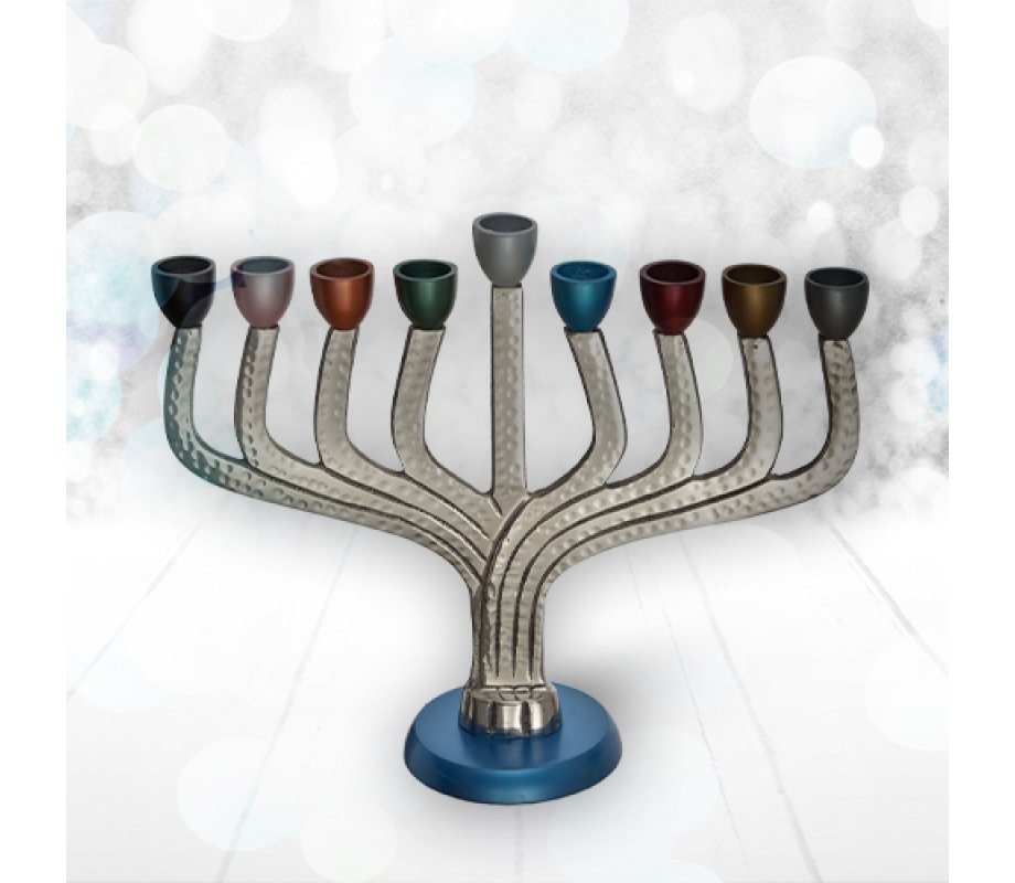 Chanukah Menorah Classic Design, Hammered Aluminum - Multicolors