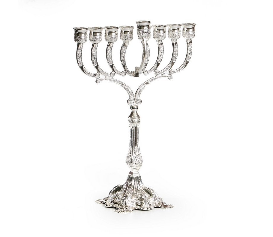 Chanukah Menorah, Silver Plated with Engraved Branches, Stem and Base – 11.4