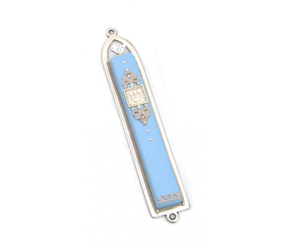 Classic Light Blue Dove Mezuzah by Ester Shahaf