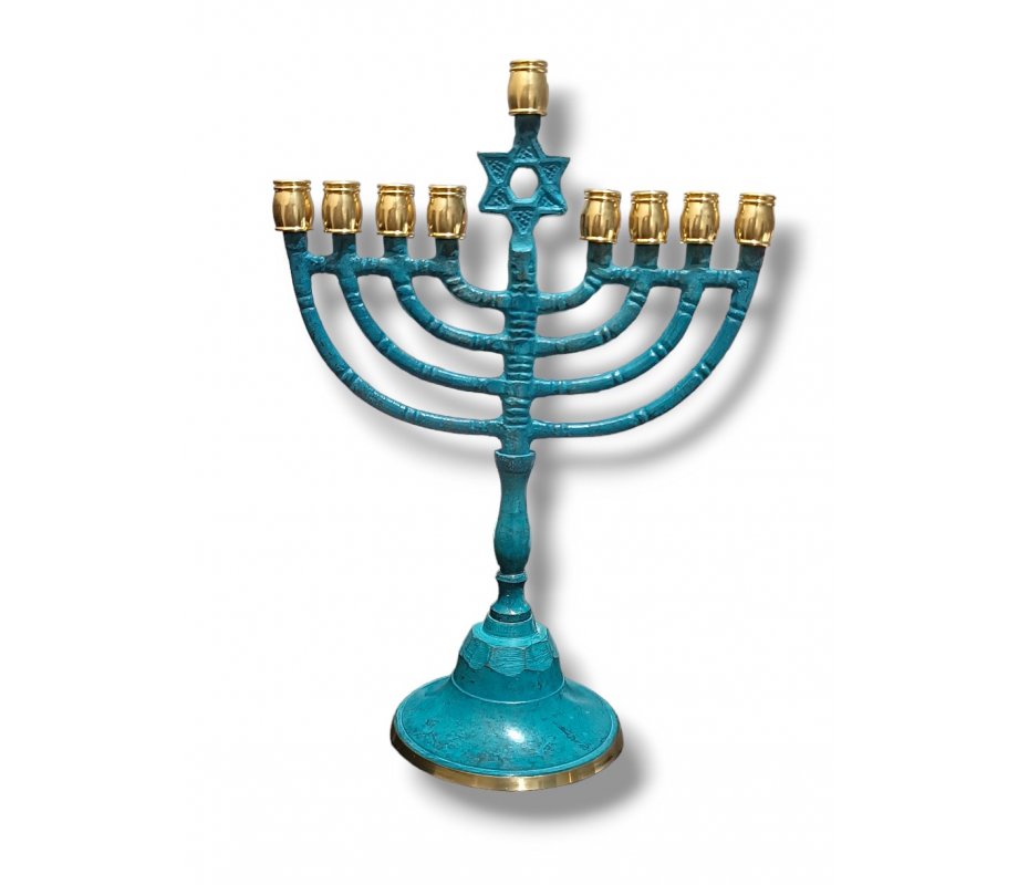 Classic Patina Chanukah Menorah with Decorative Star of David - 8 Inches Height