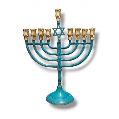 Classic Patina Chanukah Menorah with Star of David, for Candles - 10 Inches