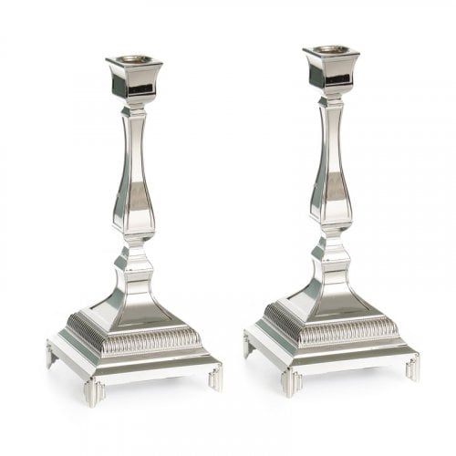 Classic Silver Plated Square Design Shabbat Candlesticks - 9.8