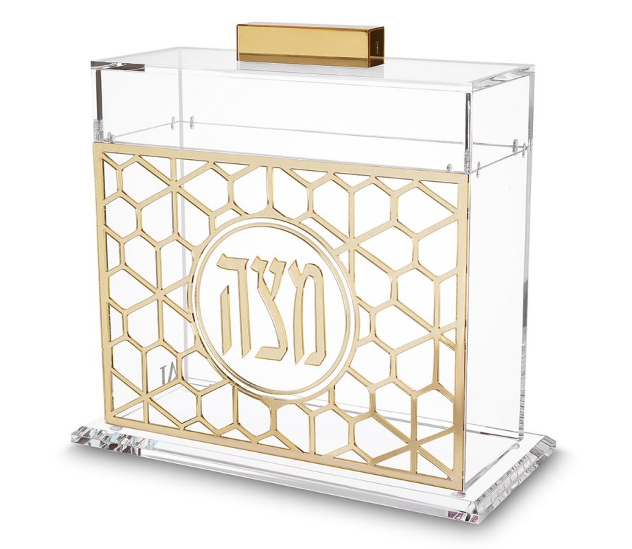 Clear Acrylic Passover Matzah Holder - With Gold Mesh Design