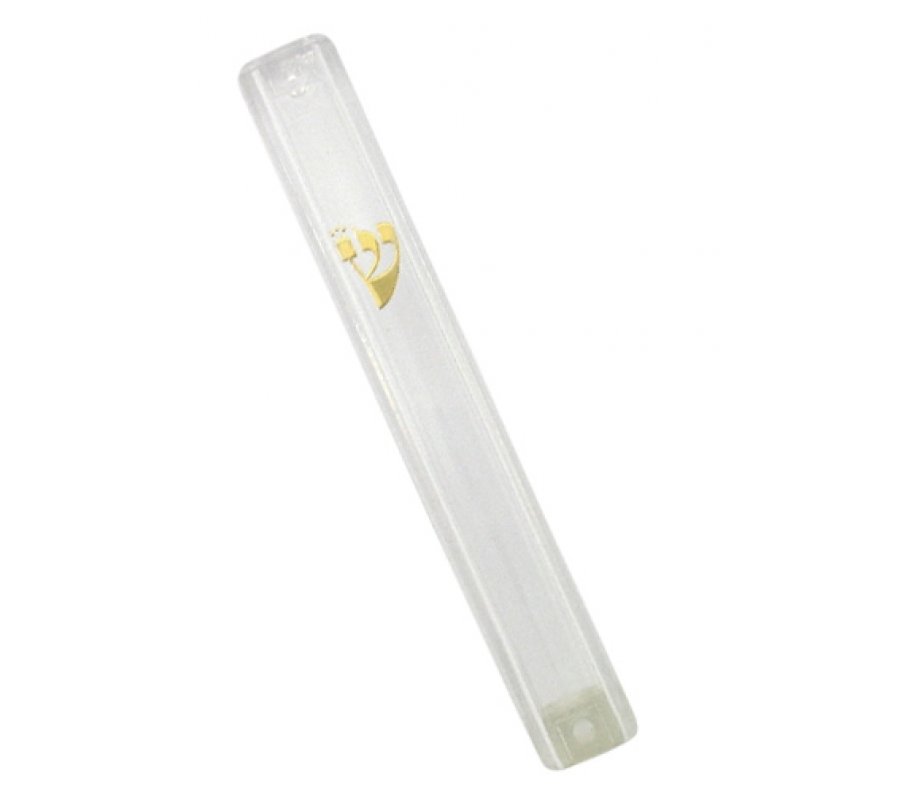 Clear Plastic Lucite Transparent Mezuzah Case, Gold Shin - Various Lengths
