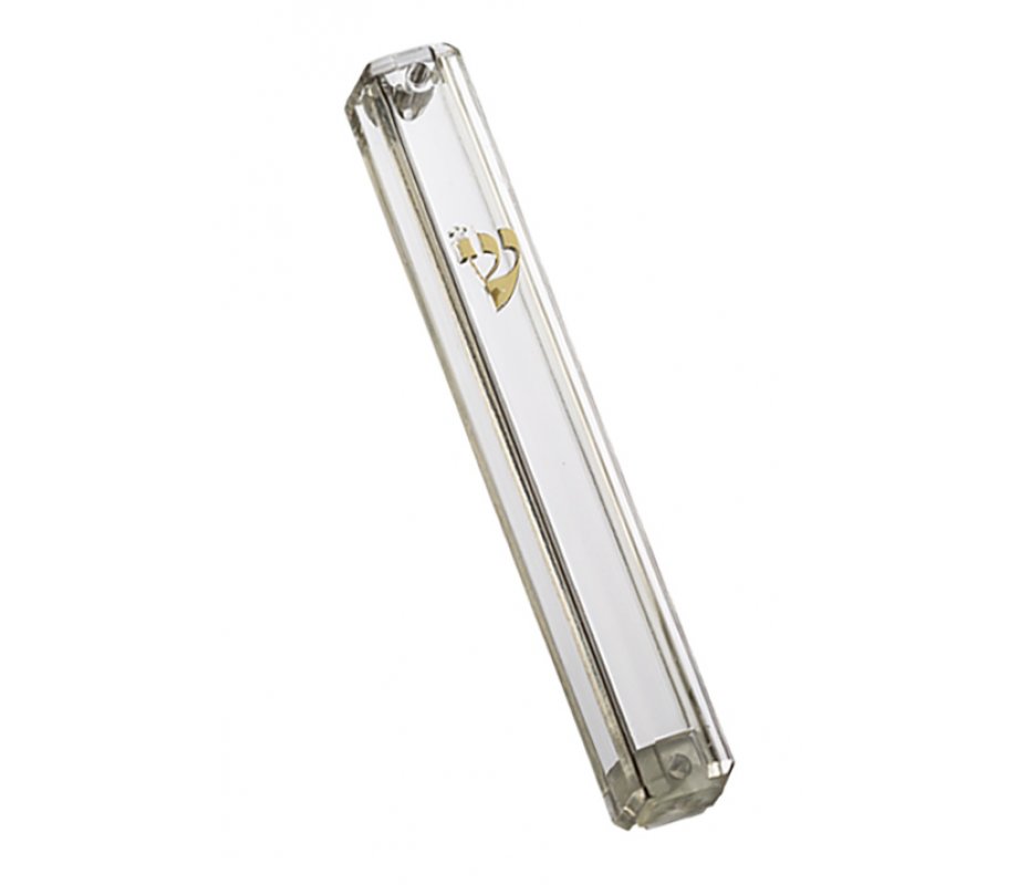 Clear Plastic Lucite Transparent Mezuzah Case, waterproof - Gold Shin