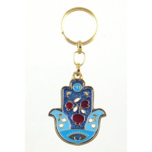 Colorful Blue Keychain - Pomegranates, Eye and Hebrew Chai