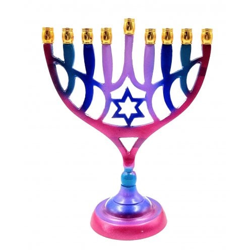 Colorful Chanukah Menorah on Stem with Star of David - For Candles