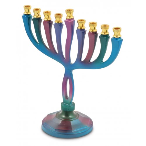 Colorful Curved Chanukah Menorah on Stem, Aluminum - For Candles