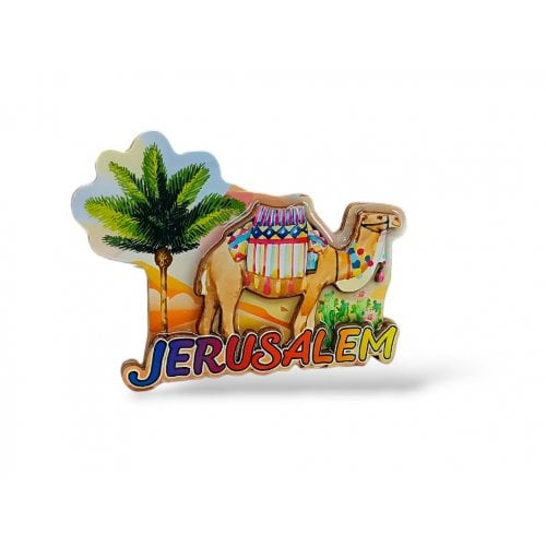 Colorful Cut Out Jerusalem Magnet, Wood and Epoxy  Desert Camel with Palm Tree