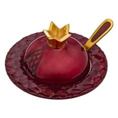 Colorful Pomegranate Shaped Honey Dish with Lid and Spoon and Matching Plate