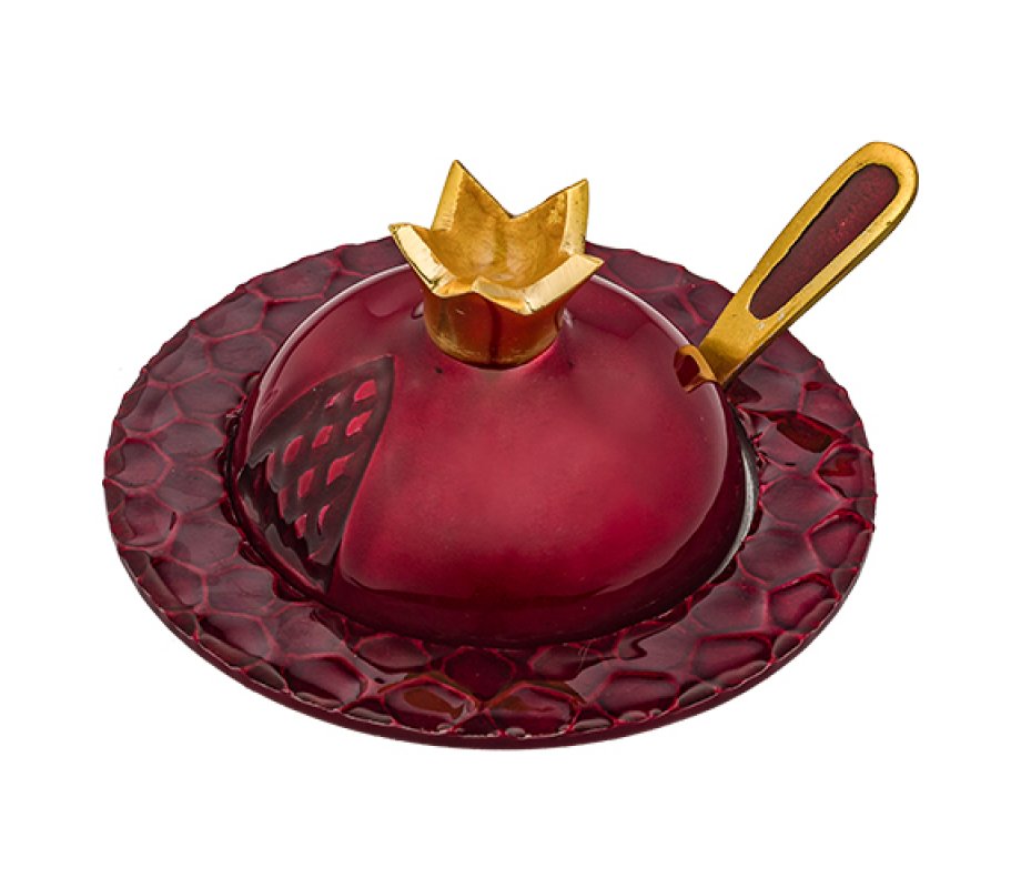 Colorful Pomegranate Shaped Honey Dish with Lid and Spoon and Matching Plate
