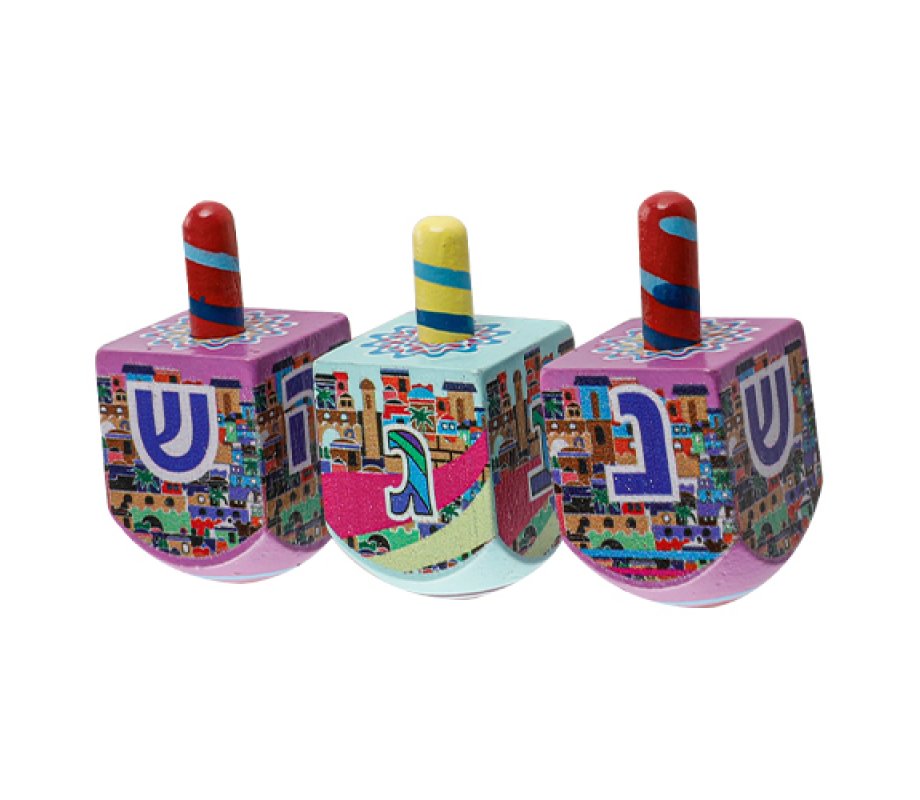 Colorful Wood Dreidel with Lively Colors - Nes Gadol Hayah Sham