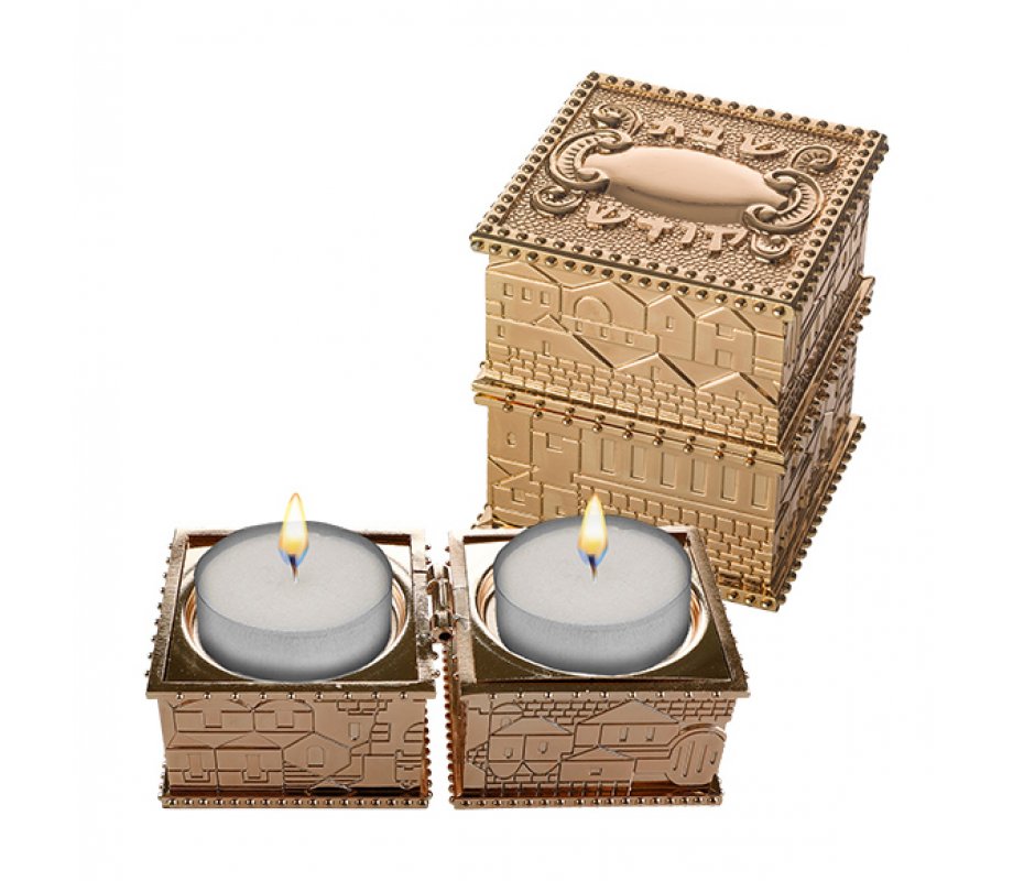 Compact Travel Candlesticks, Gold Color - Jerusalem Design Shabbat Kodesh Words