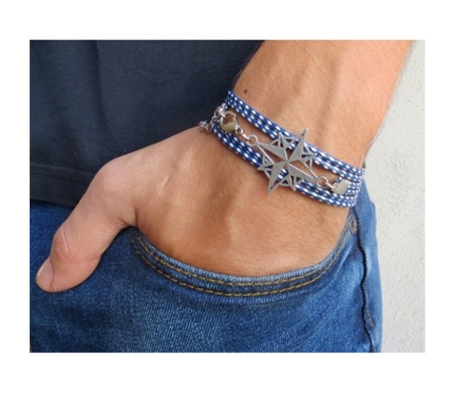 Compass Design Blue-White Rope Wrap Bracelet for Men - Only 1 In Stock