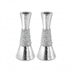 Cone Shaped Shabbat Candlesticks, Hammered Aluminum  Silver Crystals Decoration