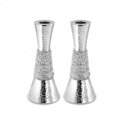 Cone Shaped Shabbat Candlesticks, Hammered Aluminum  Silver Crystals Decoration