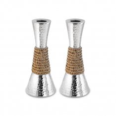 Cone Shaped Shabbat Candlesticks Hammered Aluminum  Silver and Gold Crystals