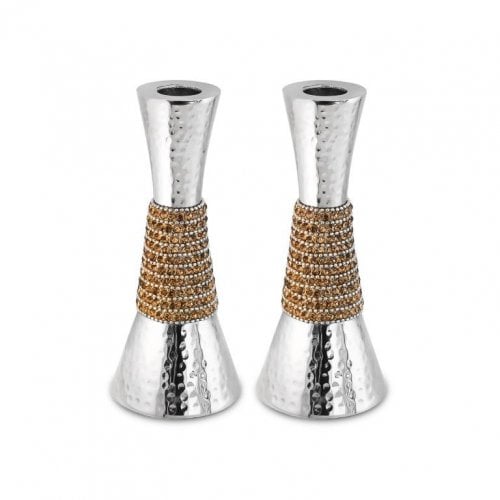 Cone Shaped Shabbat Candlesticks Hammered Aluminum  Silver and Gold Crystals